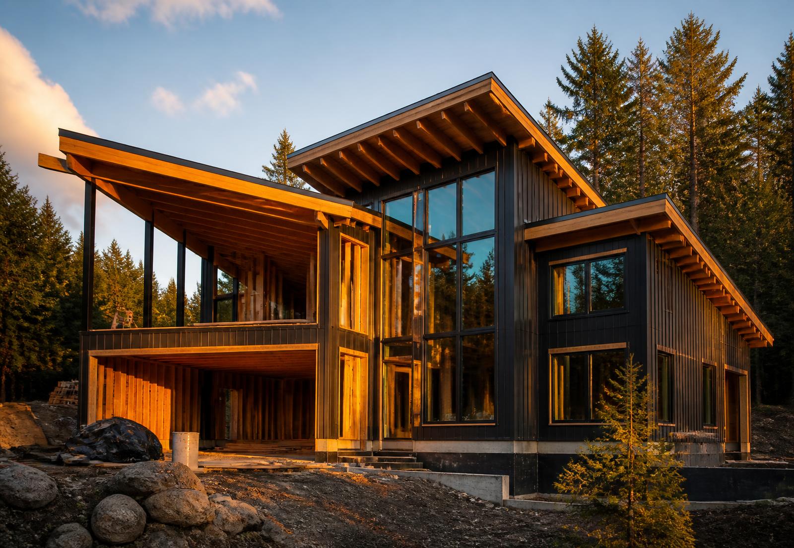 Modern custom home under construction at golden hour near Seattle